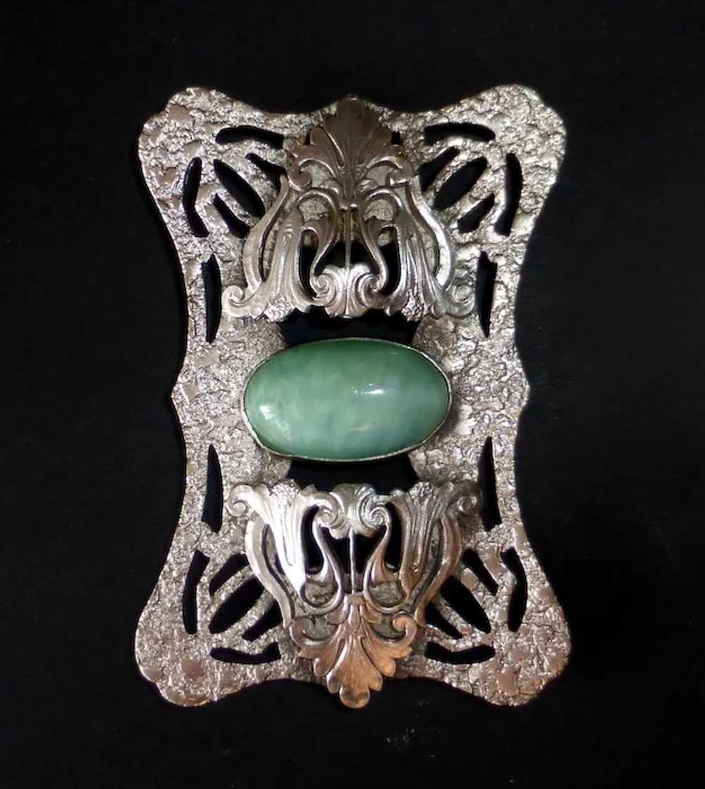 Art Nouveau Sash Ornament Brooch w Green Art Glas… - image 5