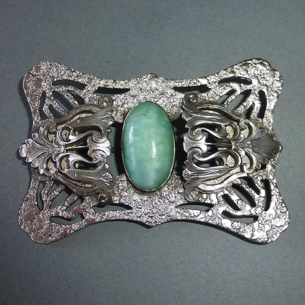 Art Nouveau Sash Ornament Brooch w Green Art Glas… - image 6