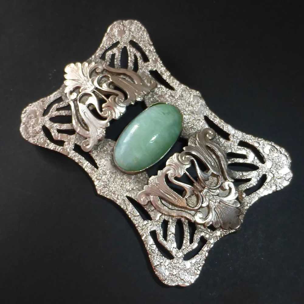 Art Nouveau Sash Ornament Brooch w Green Art Glas… - image 8