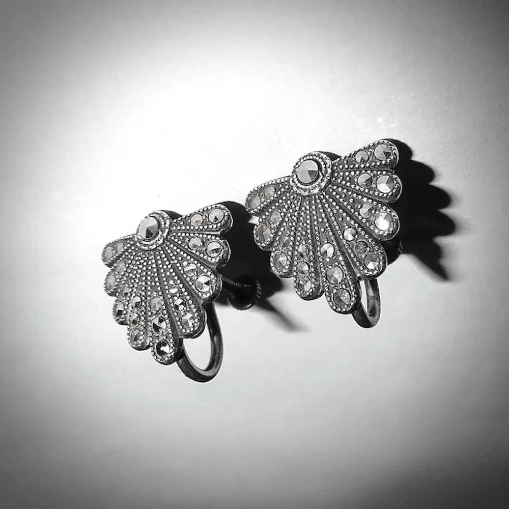 Art Deco Sterling & Marcasite Shield Earrings - image 12