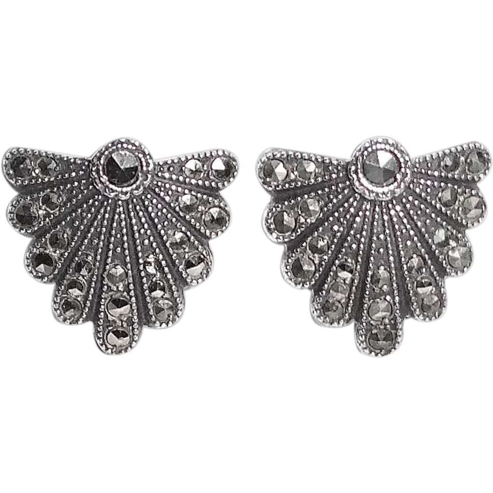 Art Deco Sterling & Marcasite Shield Earrings - image 1