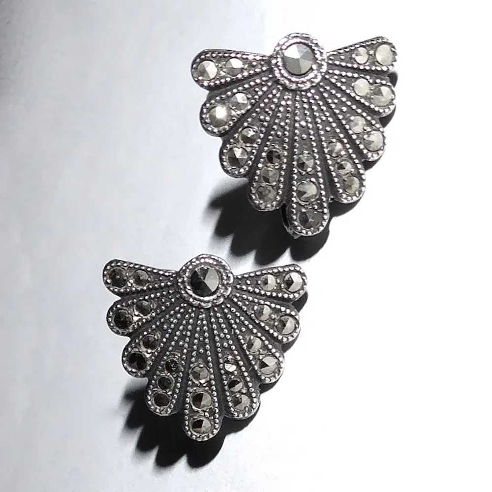 Art Deco Sterling & Marcasite Shield Earrings - image 2