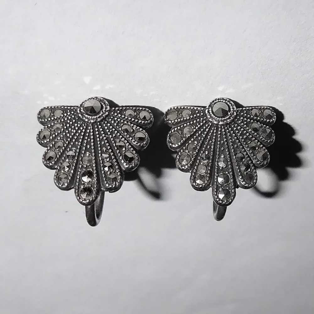 Art Deco Sterling & Marcasite Shield Earrings - image 7