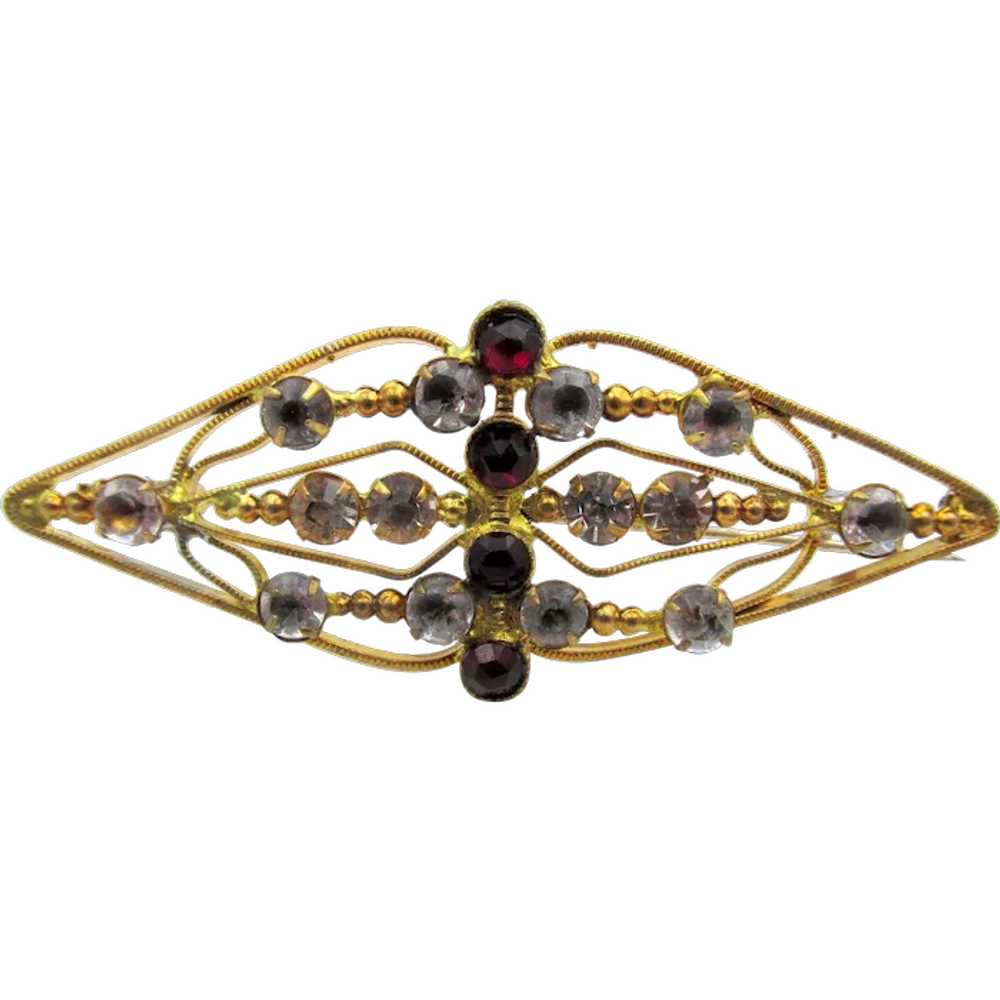 Vintage Victorian Red and Crystal Filigree Brooch… - image 1