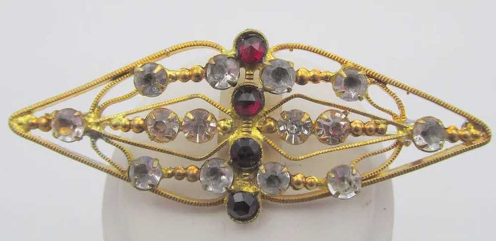 Vintage Victorian Red and Crystal Filigree Brooch… - image 2