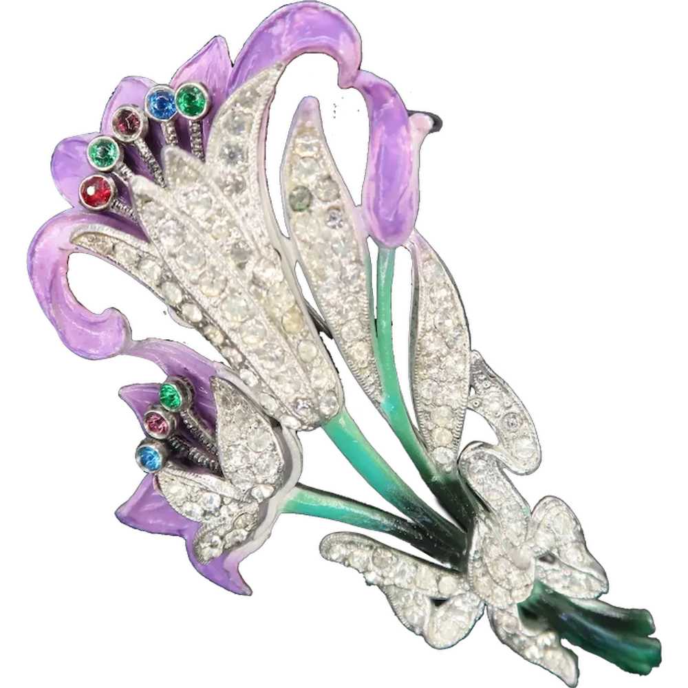 Gorgeous 1940s Rhinestone Enamel Pot-metal Orchid… - image 1