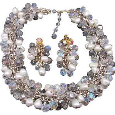 Vendome Crystal and Faux Pearl Necklace and Earri… - image 1