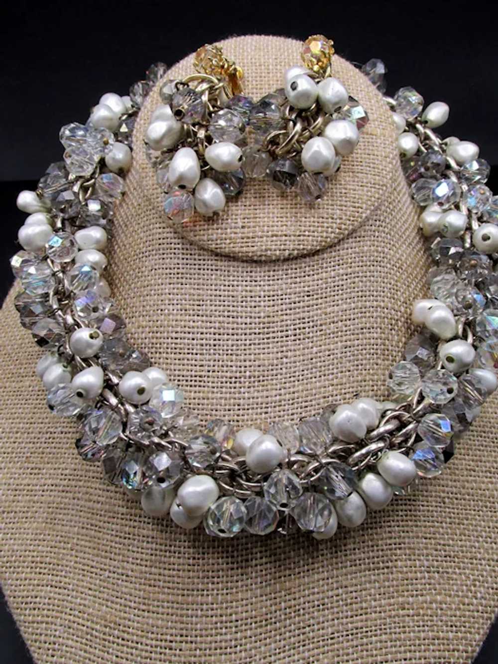 Vendome Crystal and Faux Pearl Necklace and Earri… - image 2