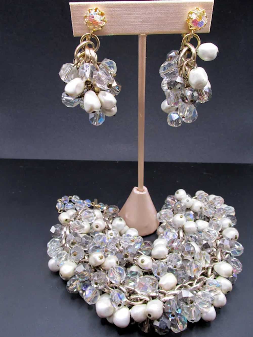 Vendome Crystal and Faux Pearl Necklace and Earri… - image 3
