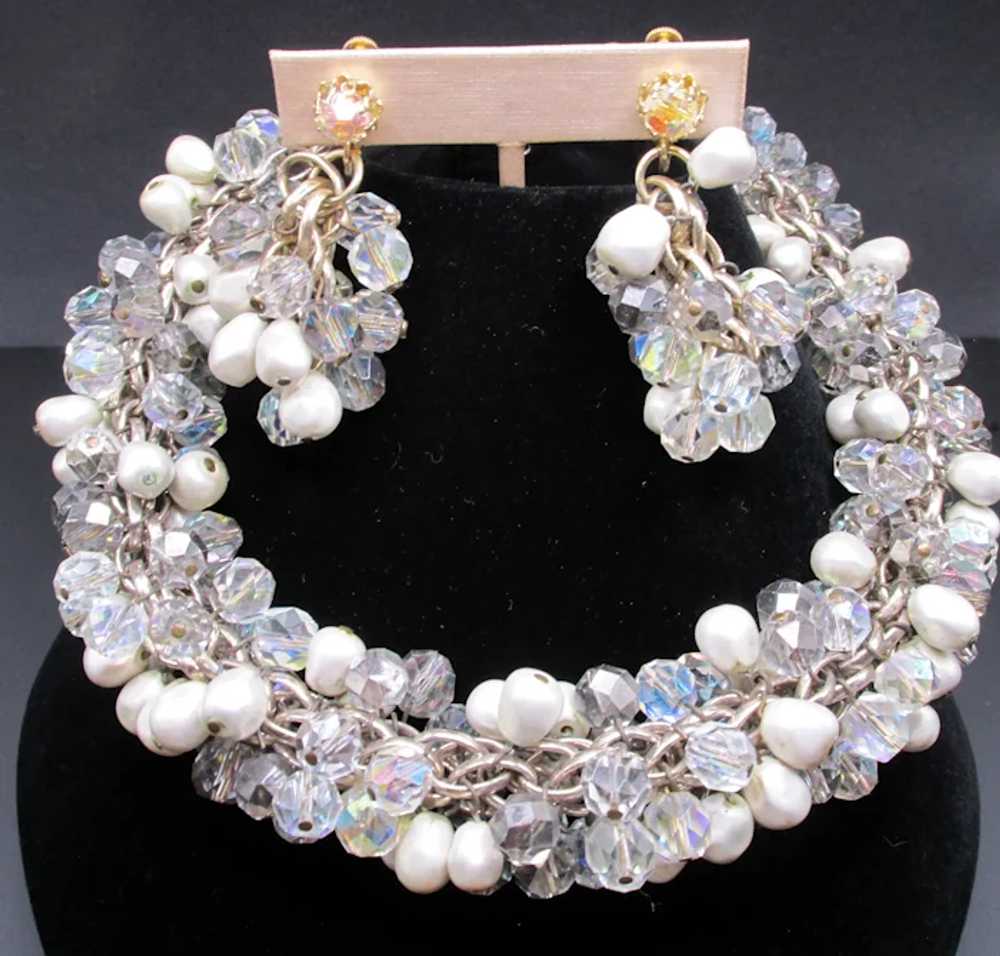 Vendome Crystal and Faux Pearl Necklace and Earri… - image 4