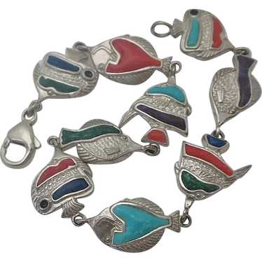 Sterling Silver Inlaid Stone Tropical Fish Bracele