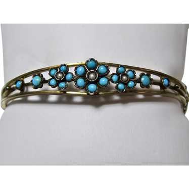 Antique Edwardian Turquoise Seed Pearl Floral Ban… - image 1