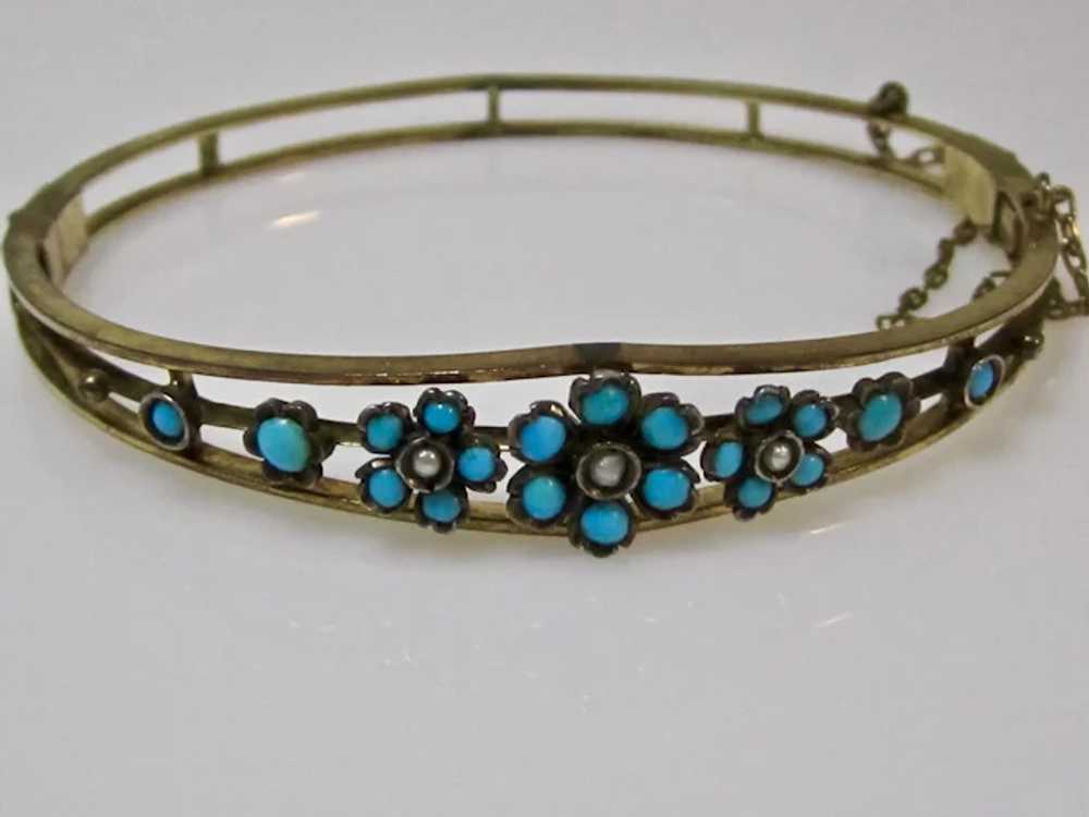 Antique Edwardian Turquoise Seed Pearl Floral Ban… - image 2