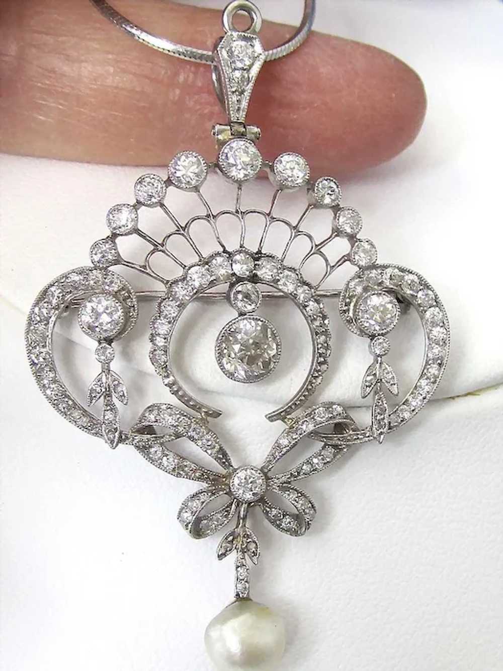 Antique Edwardian Diamond, Pearl, Platinum Lavali… - image 2