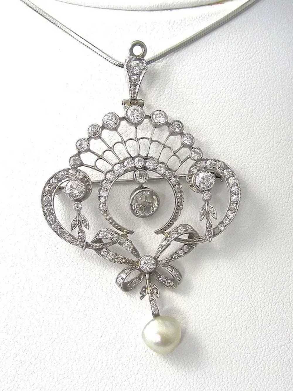 Antique Edwardian Diamond, Pearl, Platinum Lavali… - image 8