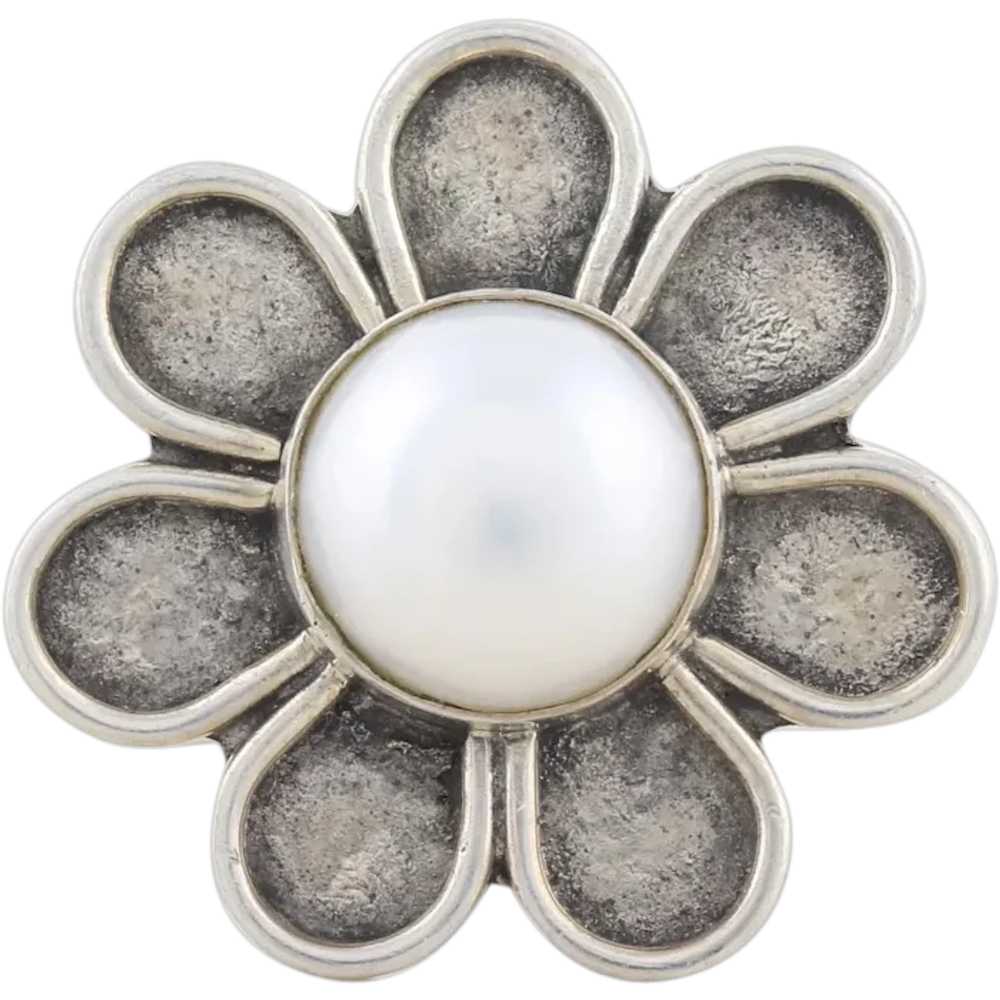 Sterling Silver Cultured Pearl Flower Ring size 6… - image 1