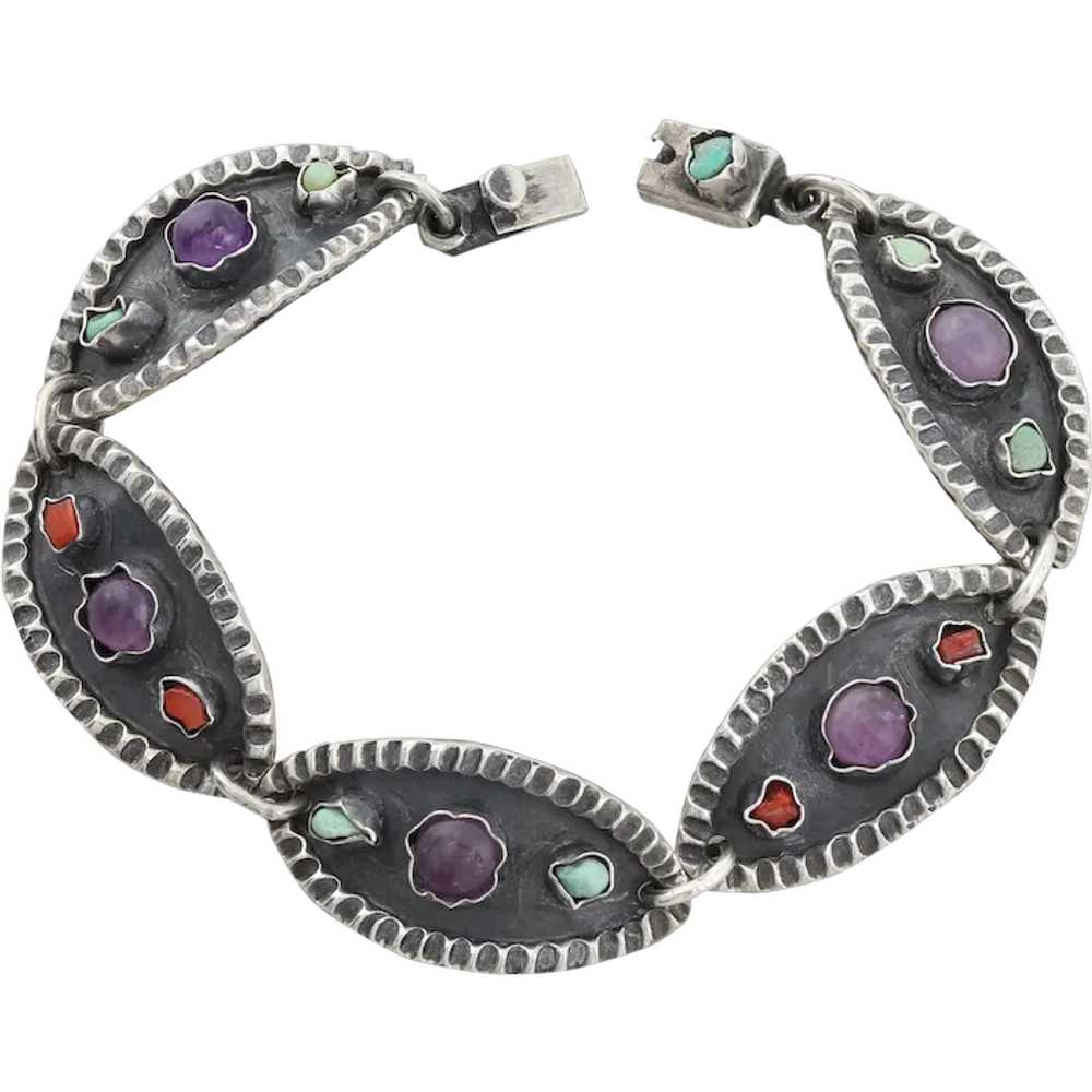 Sterling Silver Amethyst, Turquoise and Coral Mul… - image 1