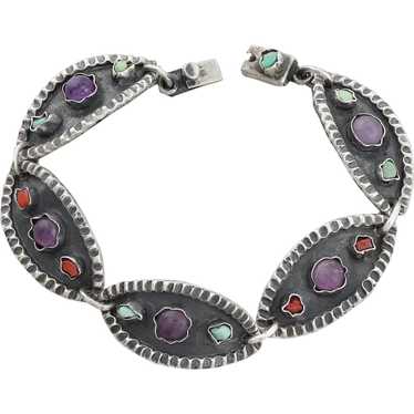 Sterling Silver Amethyst, Turquoise and Coral Mul… - image 1