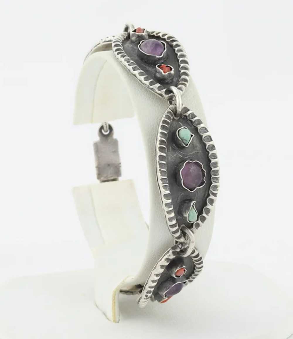 Sterling Silver Amethyst, Turquoise and Coral Mul… - image 4
