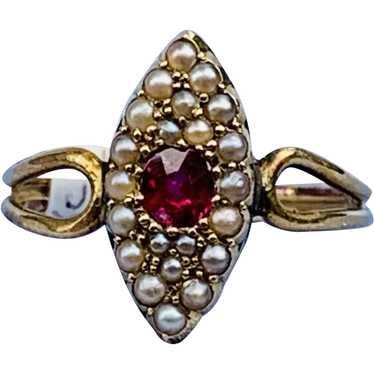 18 ct Ruby and Pearl, Victorian Ring, Marquis Sha… - image 1