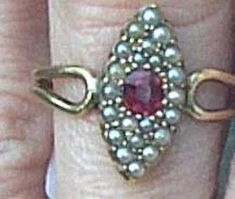 18 ct Ruby and Pearl, Victorian Ring, Marquis Sha… - image 3