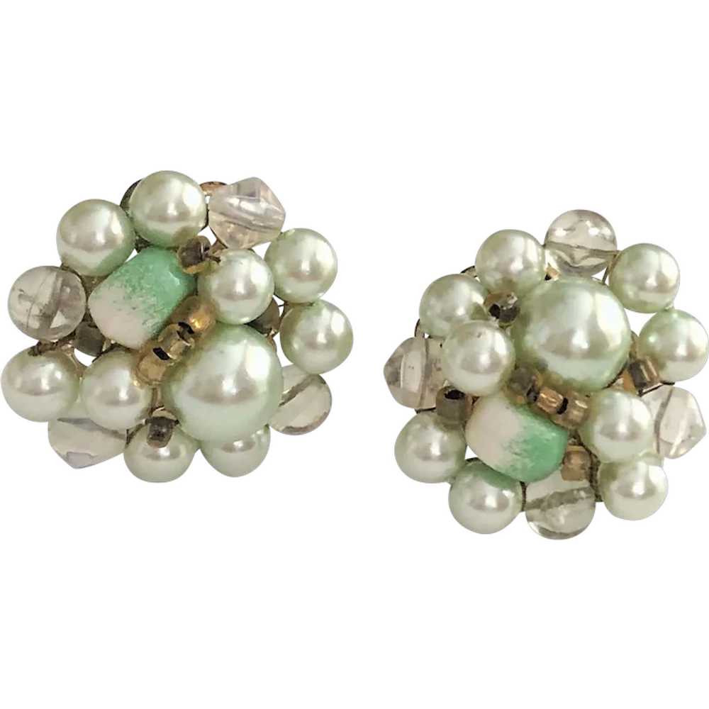 JAPAN signed Pastel Green Faux Pearl Clip On Earr… - image 1