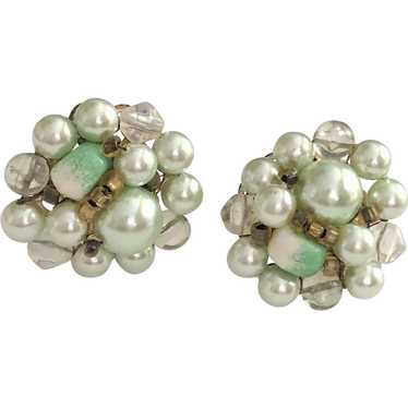 JAPAN signed Pastel Green Faux Pearl Clip On Earr… - image 1