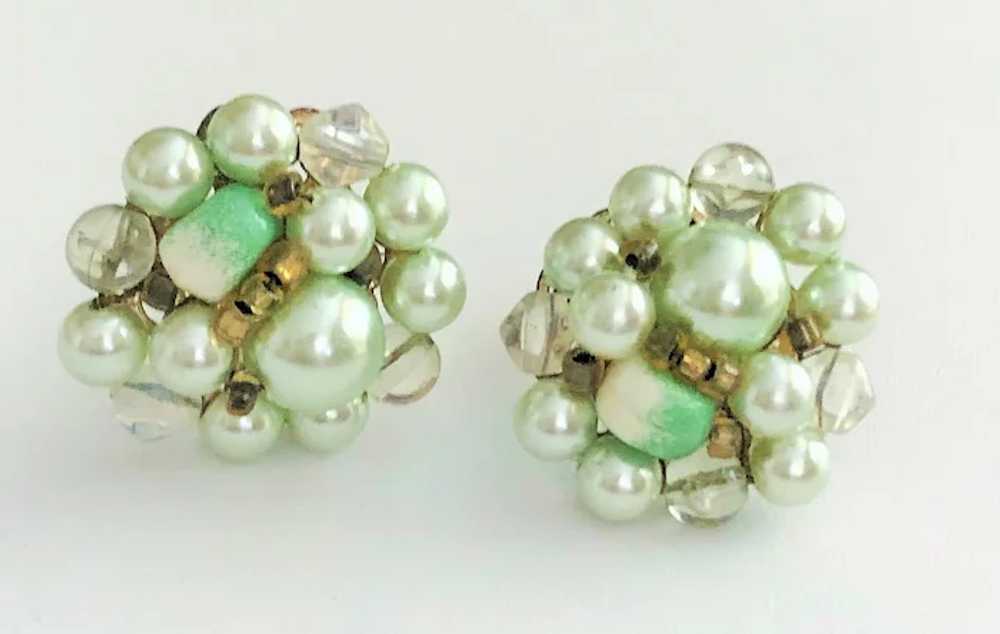 JAPAN signed Pastel Green Faux Pearl Clip On Earr… - image 3