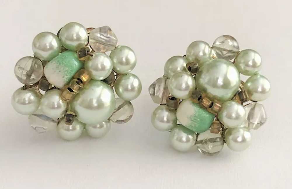 JAPAN signed Pastel Green Faux Pearl Clip On Earr… - image 4