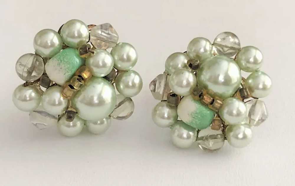 JAPAN signed Pastel Green Faux Pearl Clip On Earr… - image 5