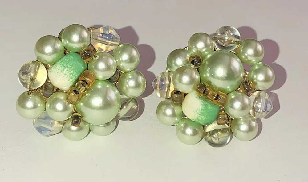 JAPAN signed Pastel Green Faux Pearl Clip On Earr… - image 6