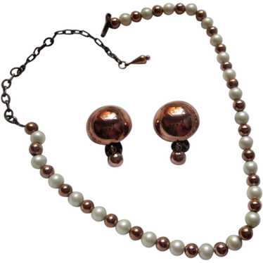 Renoir Copper and Faux Pearl Strand Necklace and … - image 1