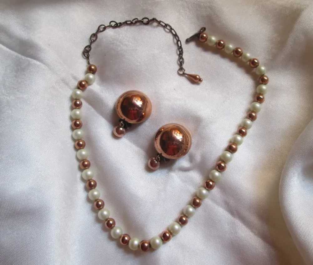 Renoir Copper and Faux Pearl Strand Necklace and … - image 2