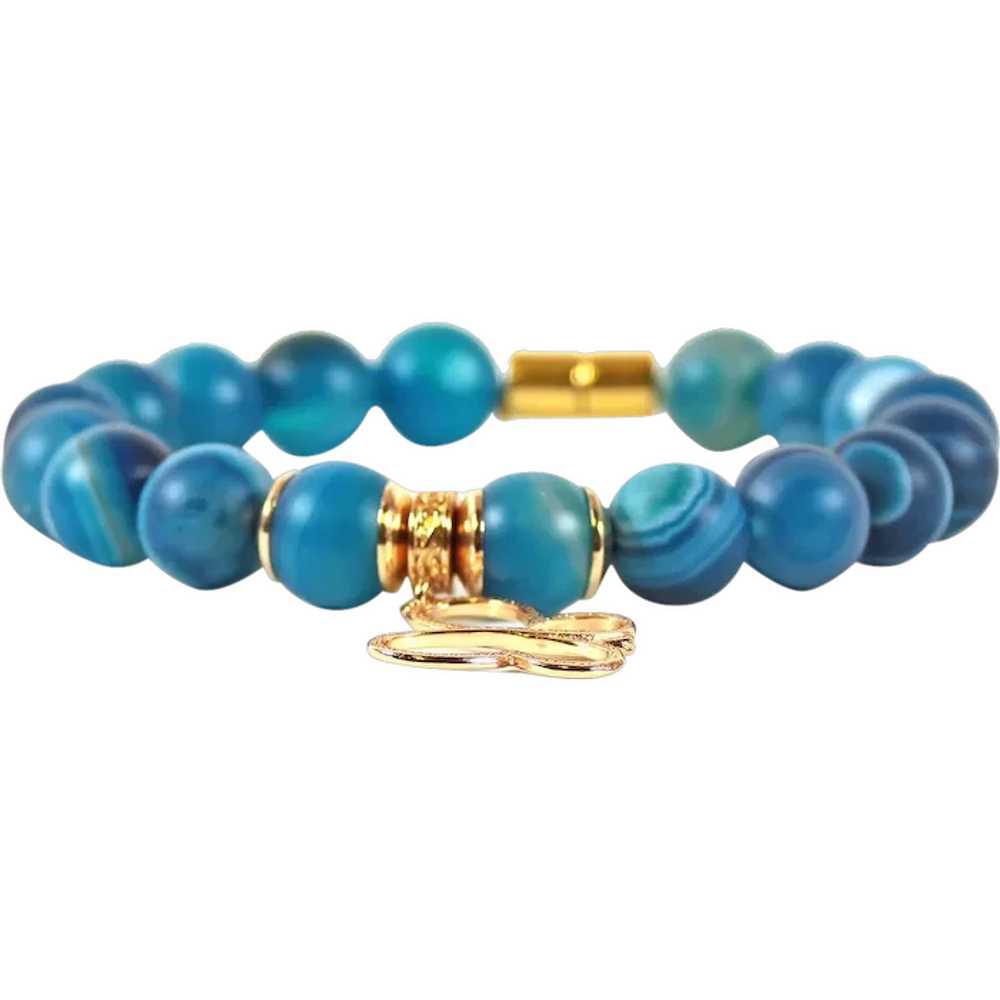 Bracelet Blue Agate Beads - Bracelet Brass Butter… - image 1