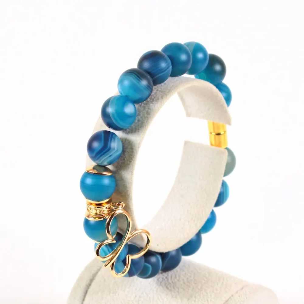 Bracelet Blue Agate Beads - Bracelet Brass Butter… - image 4