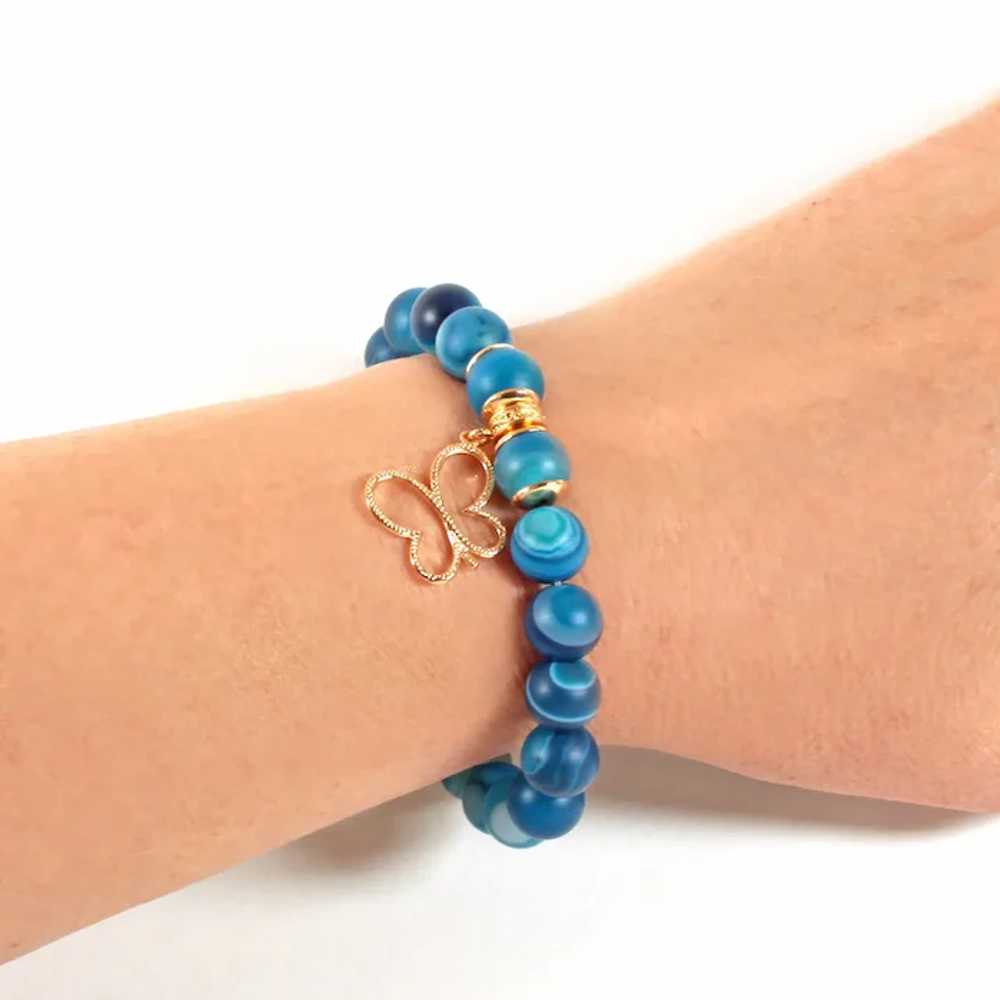 Bracelet Blue Agate Beads - Bracelet Brass Butter… - image 5
