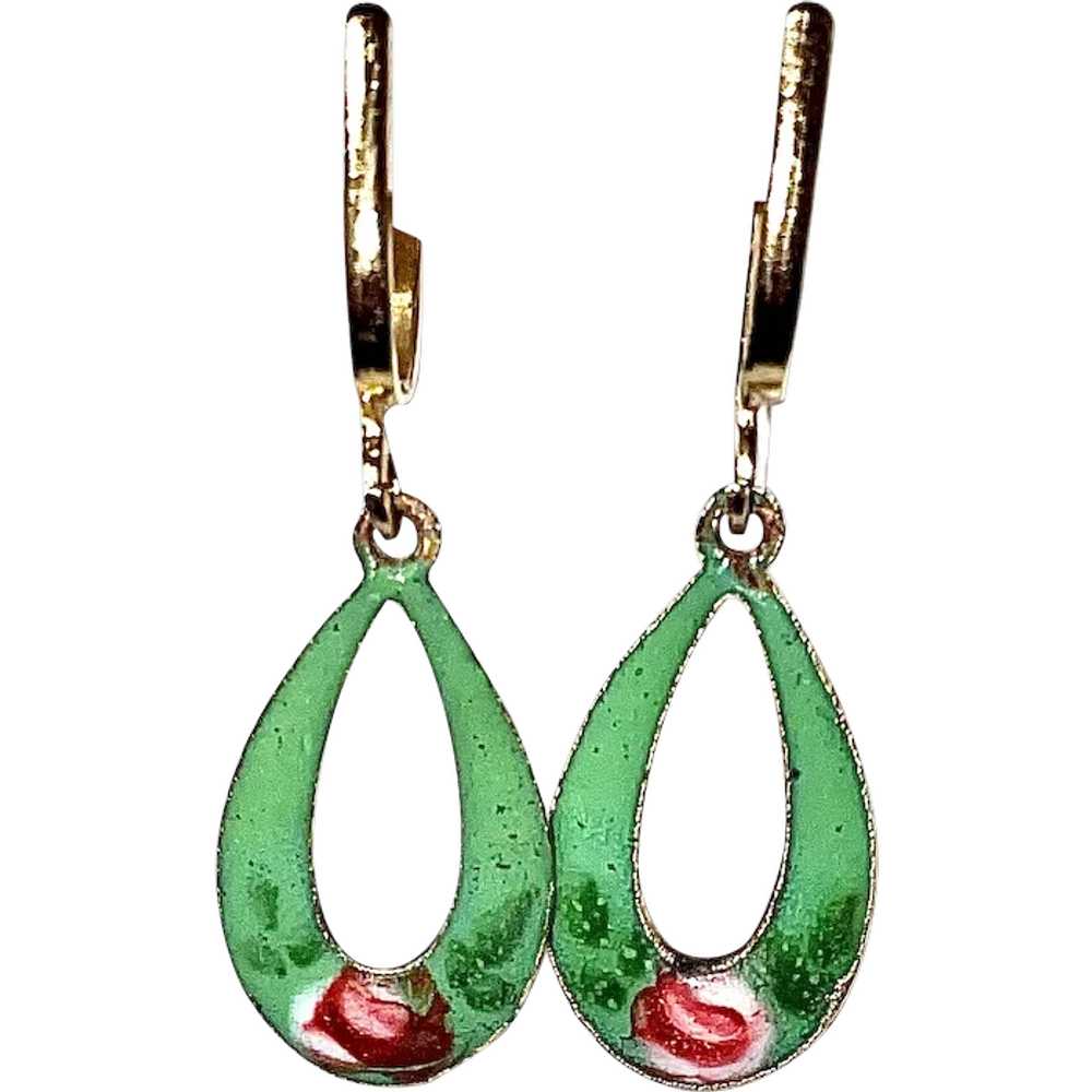 Vintage Pear Shaped Dangling Green Enamel & Rose … - image 1