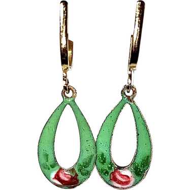 Vintage Pear Shaped Dangling Green Enamel & Rose … - image 1