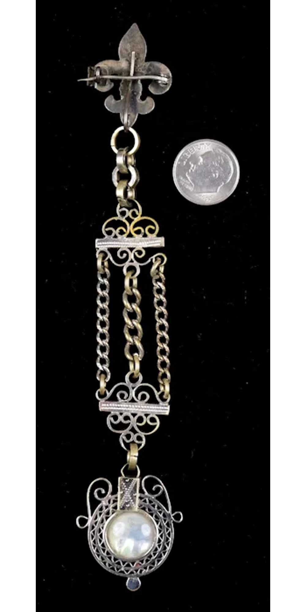 Victorian Silver MOP Chatelaine Pin Brooch - image 4
