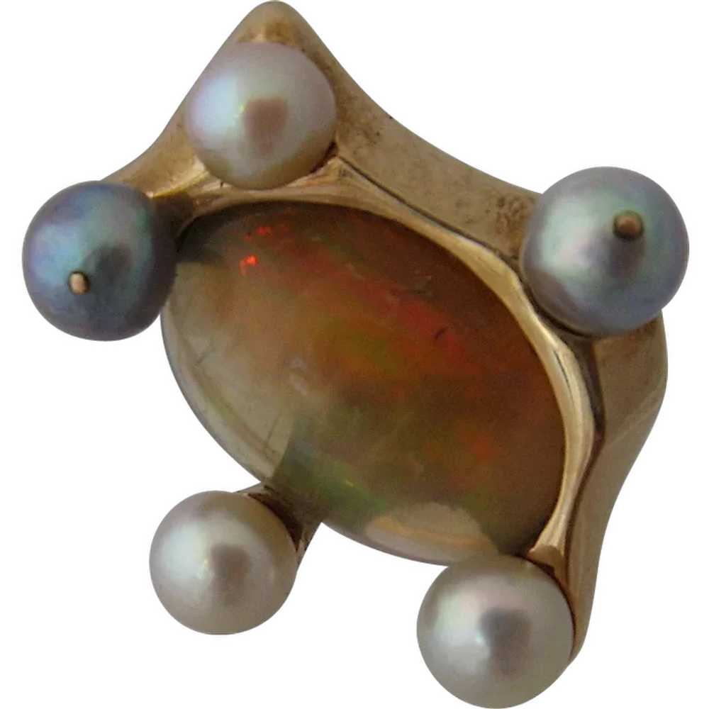 Huge Modernist 14K Opal & Pearls Cocktail Ring Si… - image 1