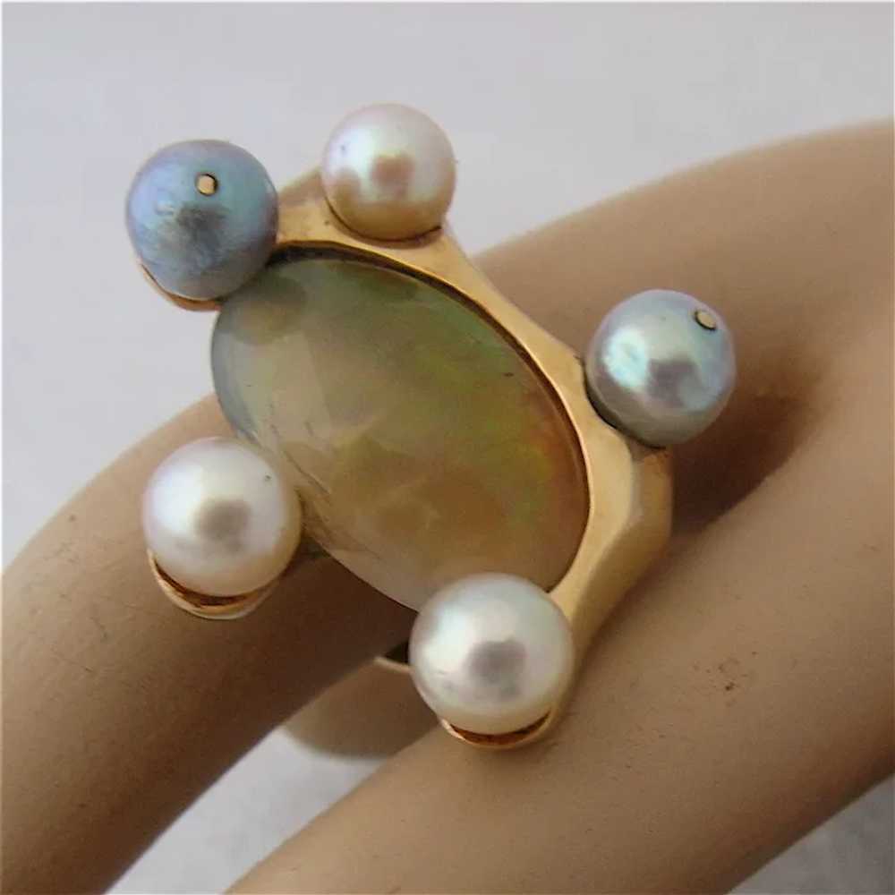 Huge Modernist 14K Opal & Pearls Cocktail Ring Si… - image 2