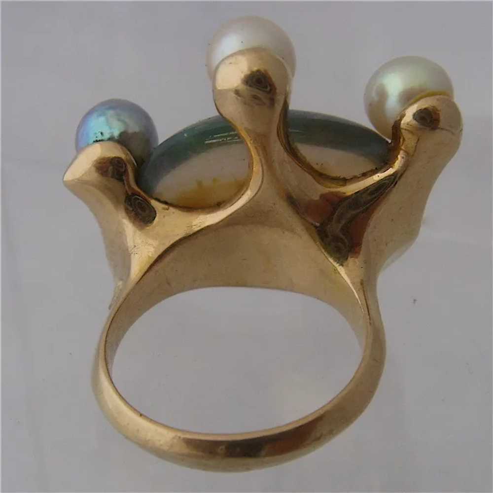 Huge Modernist 14K Opal & Pearls Cocktail Ring Si… - image 3