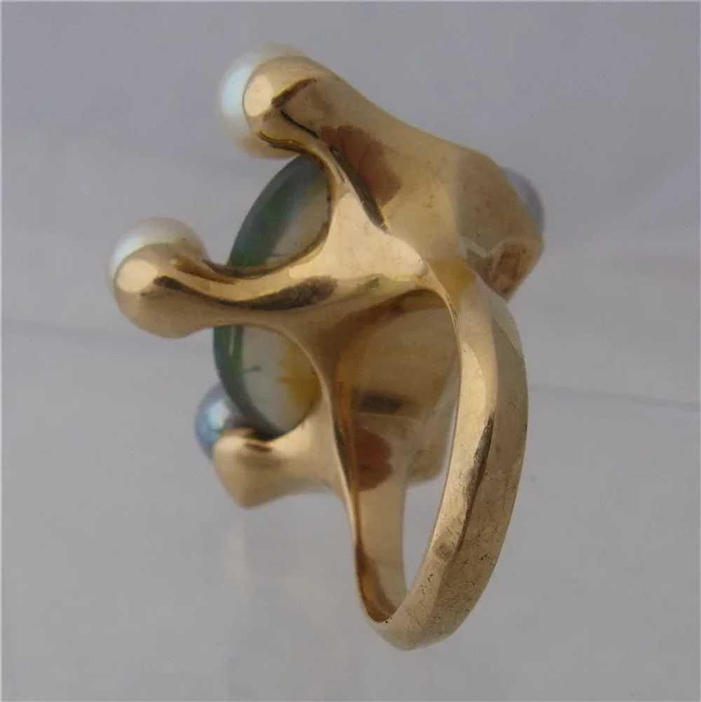 Huge Modernist 14K Opal & Pearls Cocktail Ring Si… - image 4