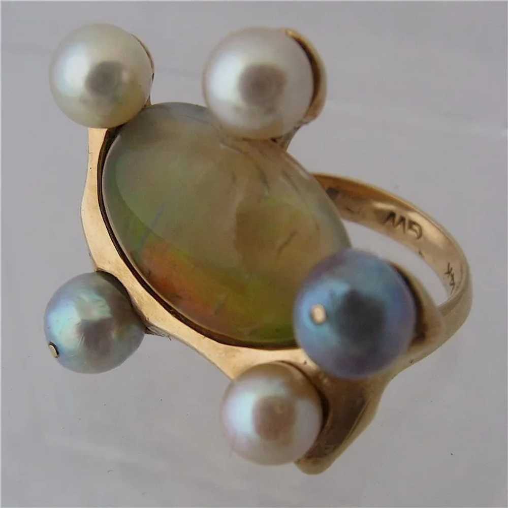 Huge Modernist 14K Opal & Pearls Cocktail Ring Si… - image 7
