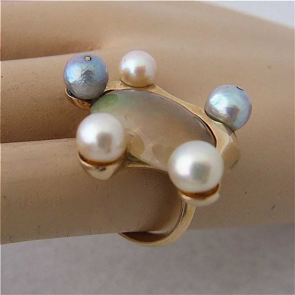 Huge Modernist 14K Opal & Pearls Cocktail Ring Si… - image 8