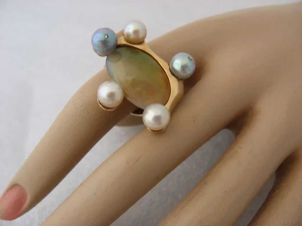 Huge Modernist 14K Opal & Pearls Cocktail Ring Si… - image 9