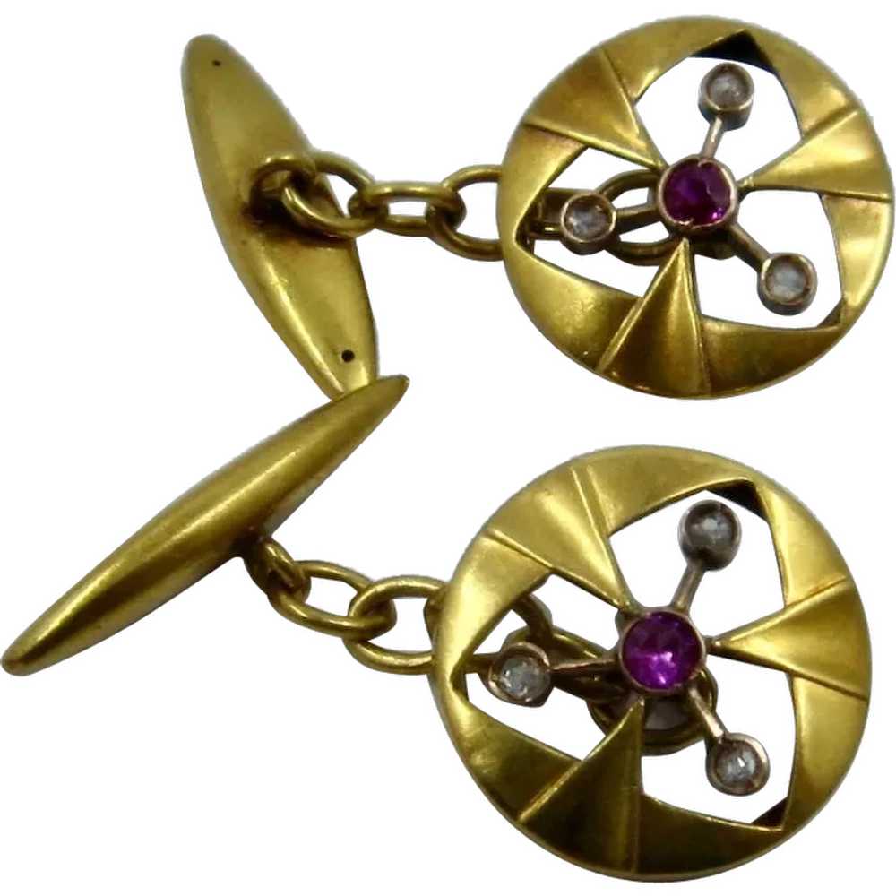 Edwardian 14K Ruby & Rose Cut Diamond Cuff Links - image 1