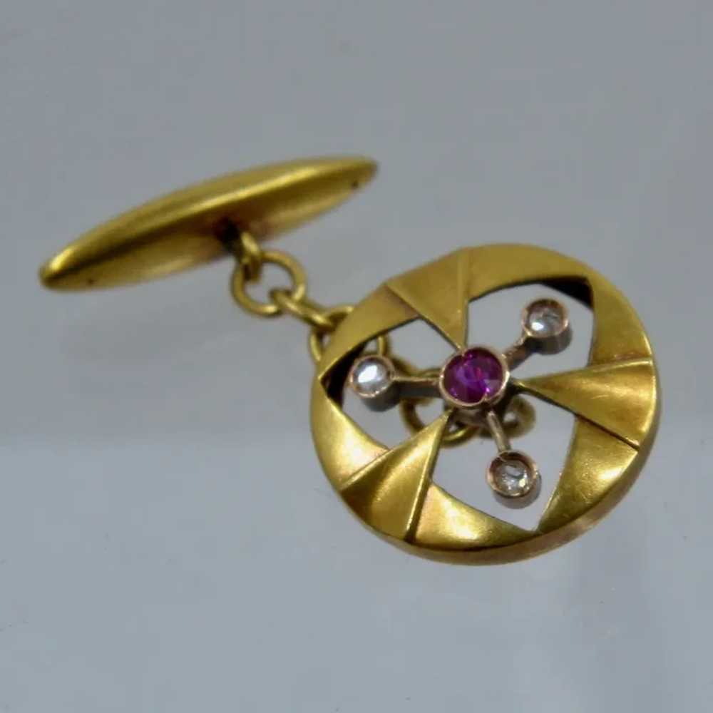 Edwardian 14K Ruby & Rose Cut Diamond Cuff Links - image 2