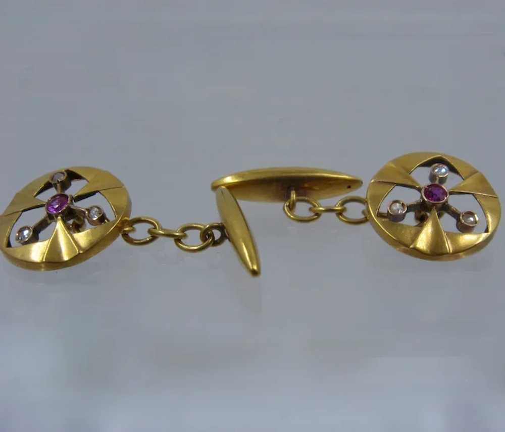 Edwardian 14K Ruby & Rose Cut Diamond Cuff Links - image 3