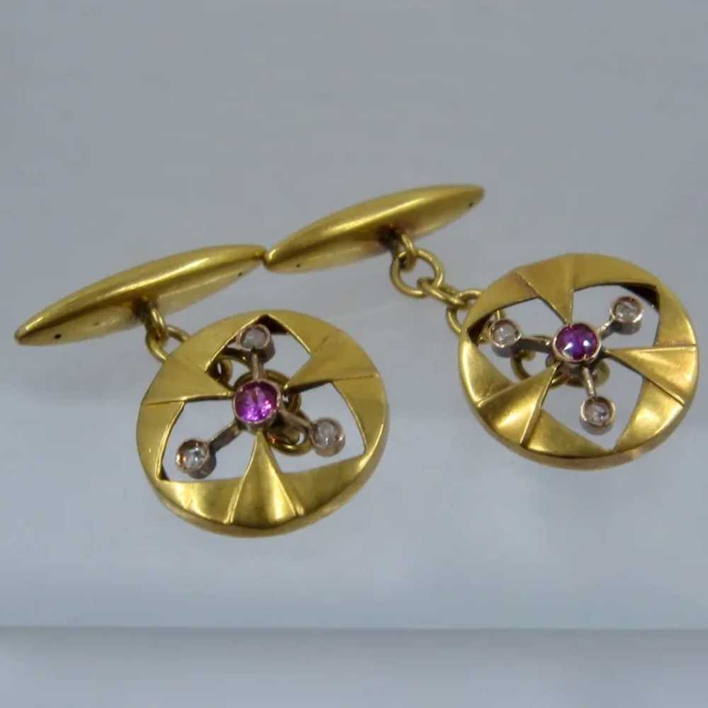 Edwardian 14K Ruby & Rose Cut Diamond Cuff Links - image 4